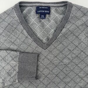 Lands End Mens XXL V Neck Sweater Grey Diamond Knit Supima‎ Cotton Long Sleeve